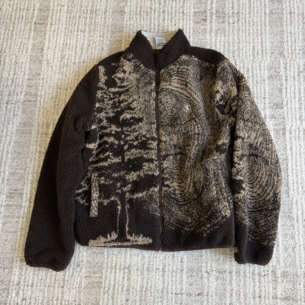 Ader Error Brown Sherpa Fleece Jacket Pine Tree Graphic Full Zip Mens XL